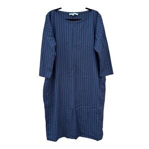 Erica Tanov Ines Gray Pinstripe Oversized Scoop Neck Shift Midi Dress Size Large